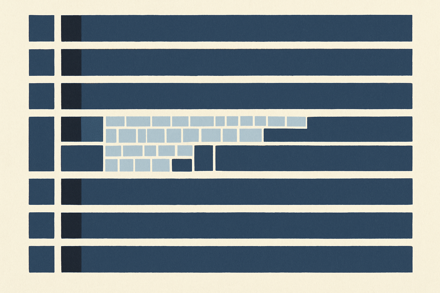 Illustration: horizontal bands on a pale ground, one of which is subdivided into many small pale tiles.