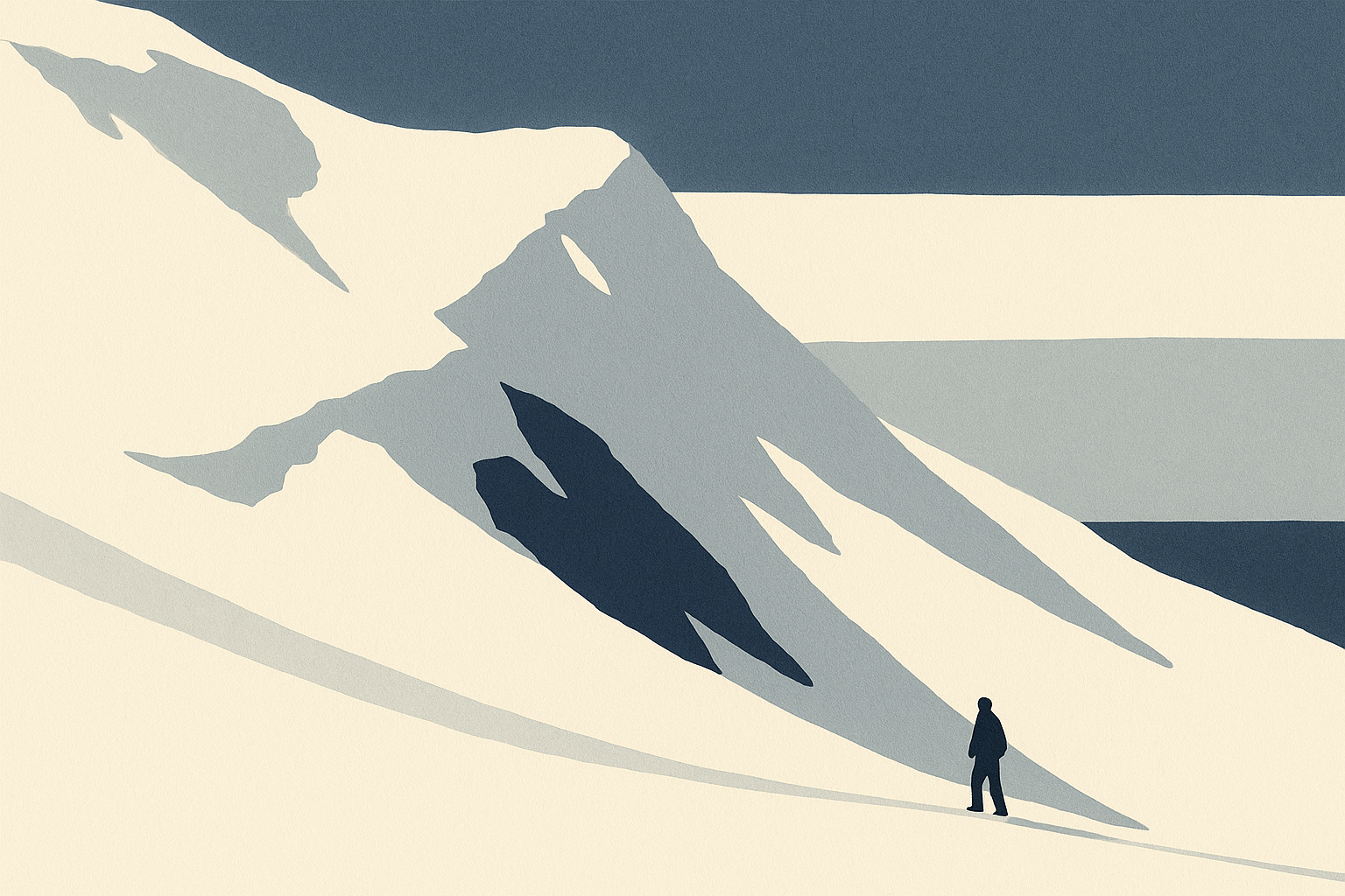 Illustration: a single small human silhouette standing at the foot of a large snow face that fills the frame above them.