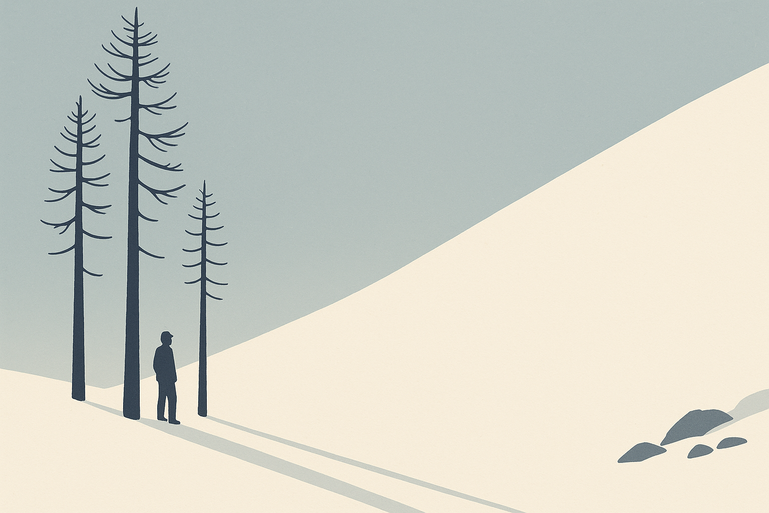 Illustration: a snow slope under uniform overcast, drawn with no shading gradient, with a stand of bare larch trunks on the left supplying the only dark vertical edge and a receding rank of trees marking distance.