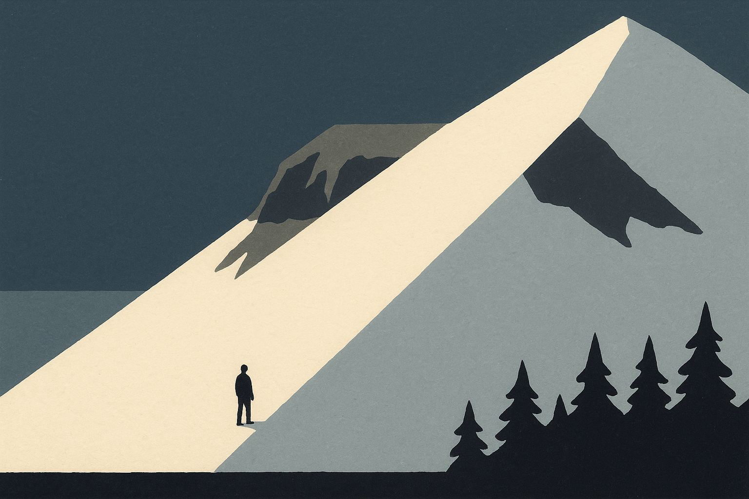 Illustration: a small human silhouette on a broad pale slope below a dark peak, with conifers at the right edge.