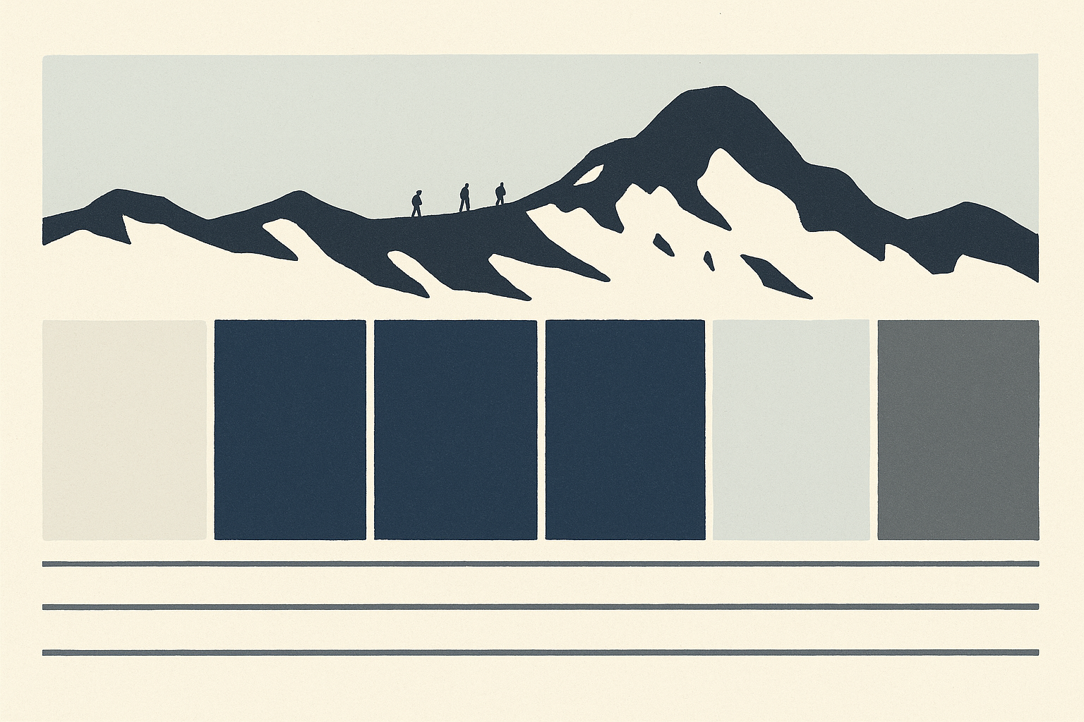 Illustration: a ridge line carrying three tiny figures, above a row of six rectangular blocks of which the middle three are darker.