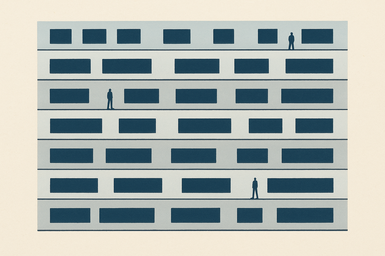Illustration: stacked horizontal bands of dark blocks on a pale ground, with small human silhouettes standing among them for scale.