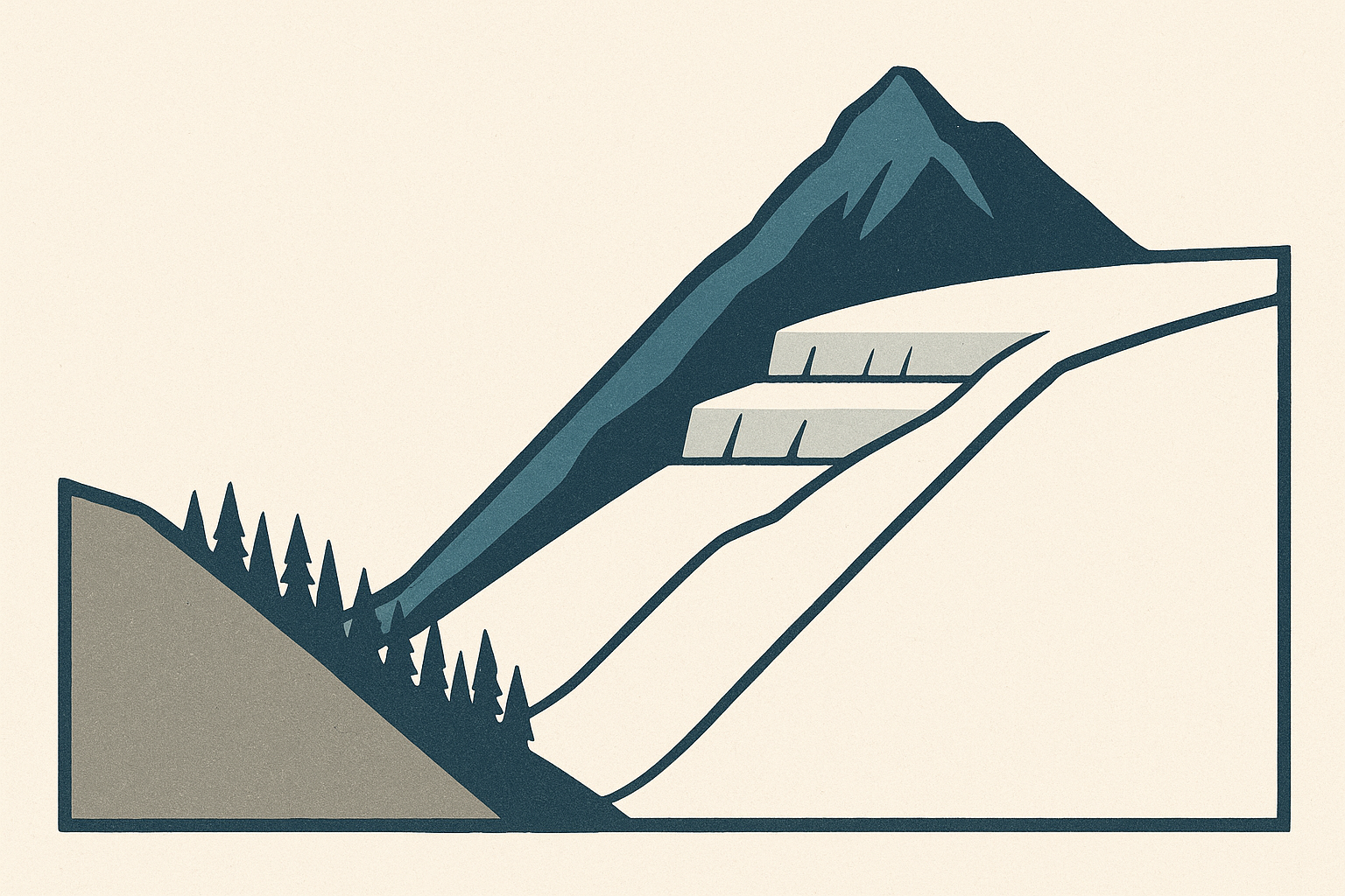 Illustration: a schematic cross-section of a valley, with conifers on the left flank, open snow on the right, and a peak behind.