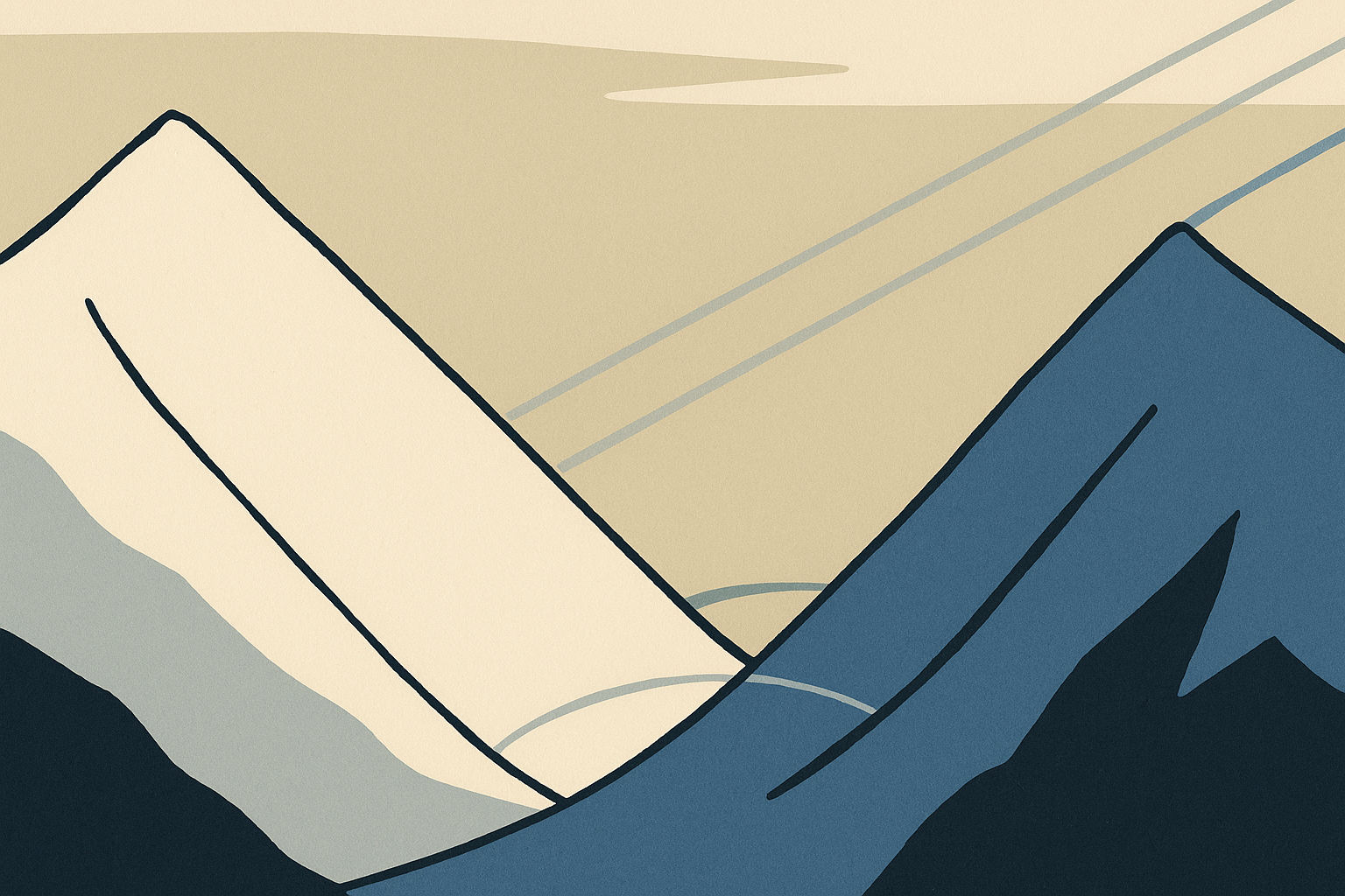 Illustration: two mountain forms side by side, one rendered in warm off-white and the other in deep blue, beneath a pale sky.